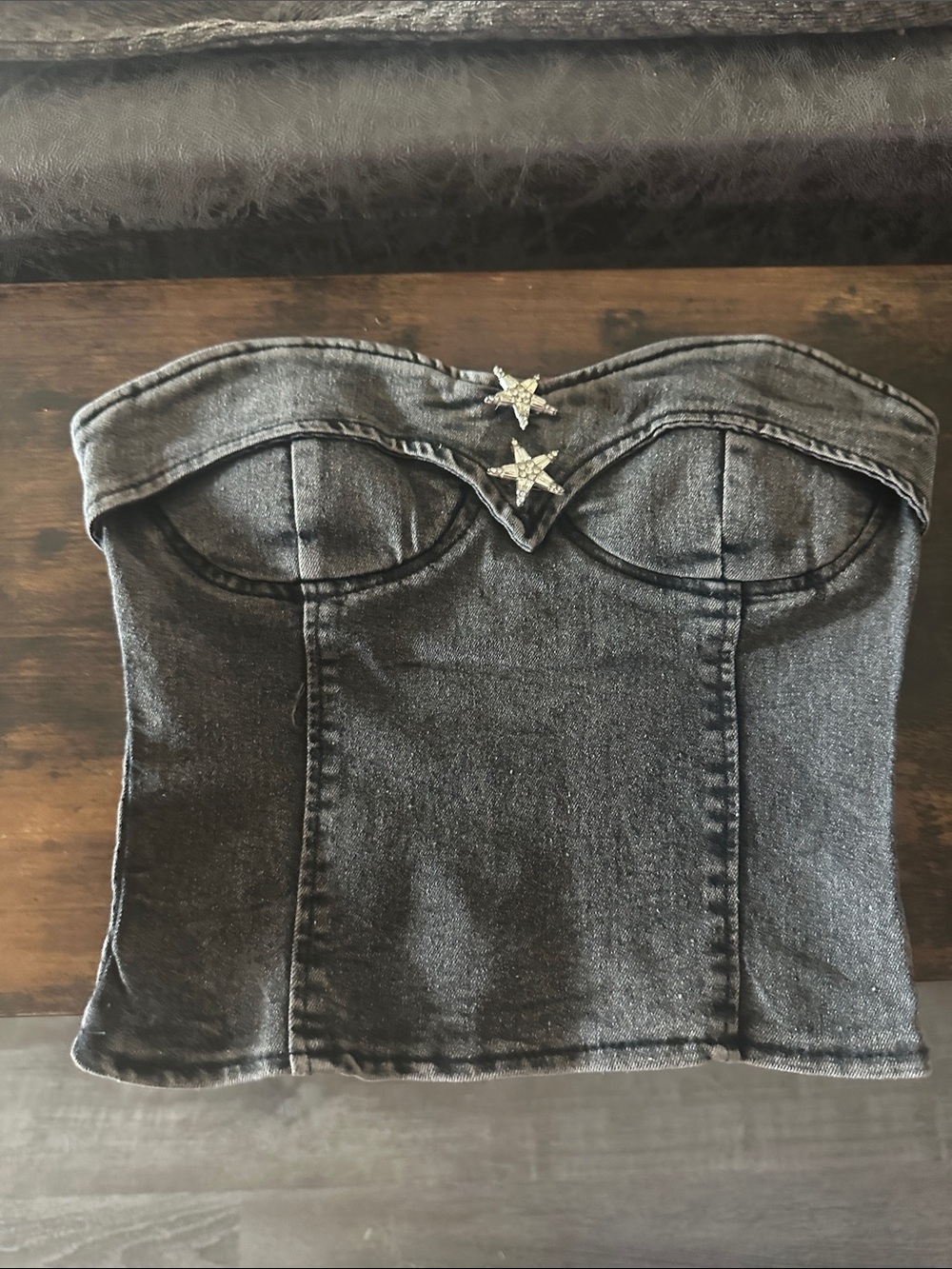 Strapless Denim Bustier Top with Star Embellishments - Black